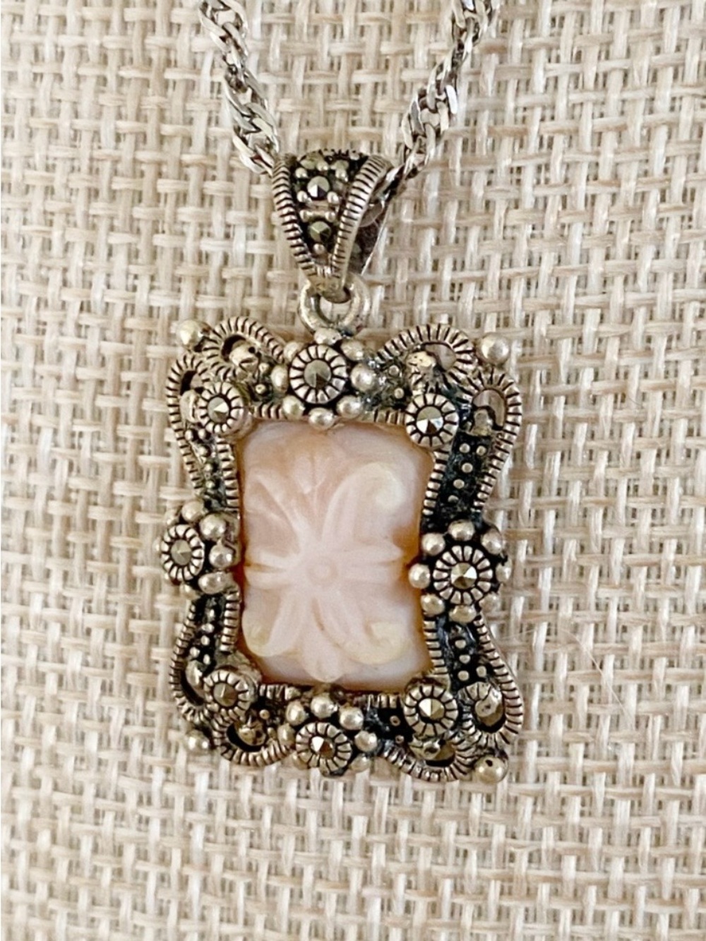 Vintage Sterling Silver Pink Cameo Floral Pendant Necklace